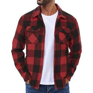 Men Flannel Jackets Full Zip Up Plaid Shirt Shackets Cotton Lightweight Jackets